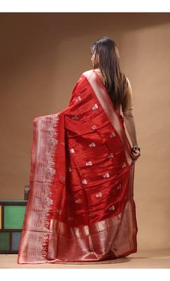red crepe saree with desighner varanasi ghat theme zari border 3