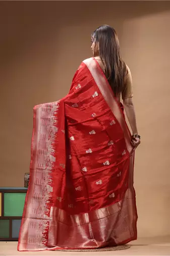red crepe saree with desighner varanasi ghat theme zari border