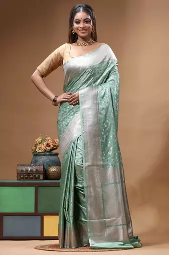 sea green mashru silk blend saree with silver zari weaving & woven border