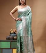 sea green mashru silk blend saree with silver zari weaving & woven border