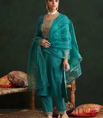 Ethnic Motifs Embroidered Thread Work Straight Kurta With Trousers & Dupatta