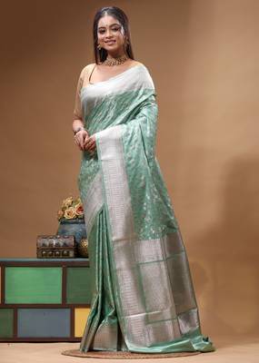 sea green mashru silk blend saree with silver zari weaving & woven border 2