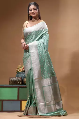 sea green mashru silk blend saree with silver zari weaving & woven border