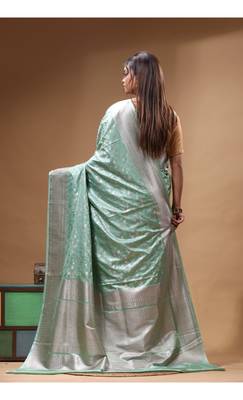 sea green mashru silk blend saree with silver zari weaving & woven border 3