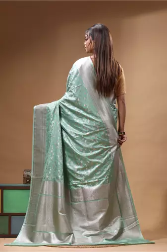 sea green mashru silk blend saree with silver zari weaving & woven border