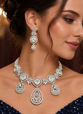Cubic Zirconia Bridal Necklace Earrings Set, Silver Tone Wedding Jewelry 1