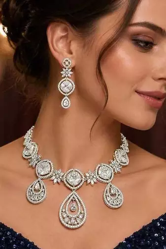 Cubic Zirconia Bridal Necklace Earrings Set, Silver Tone Wedding Jewelry