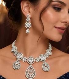 Cubic Zirconia Bridal Necklace Earrings Set, Silver Tone Wedding Jewelry