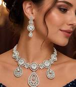 Cubic Zirconia Bridal Necklace Earrings Set, Silver Tone Wedding Jewelry