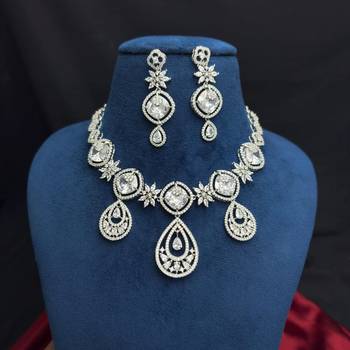 Cubic Zirconia Bridal Necklace Earrings Set, Silver Tone Wedding Jewelry 2