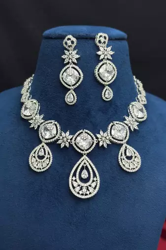 Cubic Zirconia Bridal Necklace Earrings Set, Silver Tone Wedding Jewelry