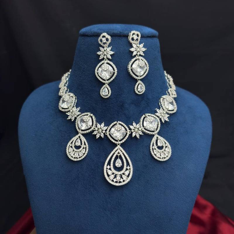 Cubic Zirconia Bridal Necklace Earrings Set, Silver Tone Wedding Jewelry