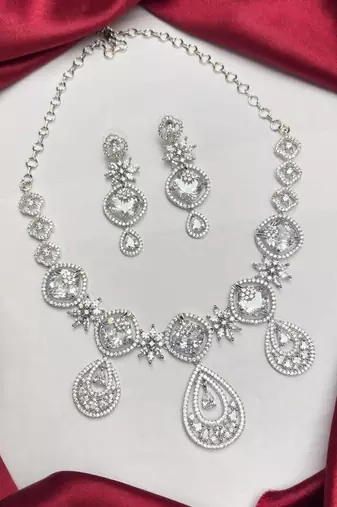 Cubic Zirconia Bridal Necklace Earrings Set, Silver Tone Wedding Jewelry