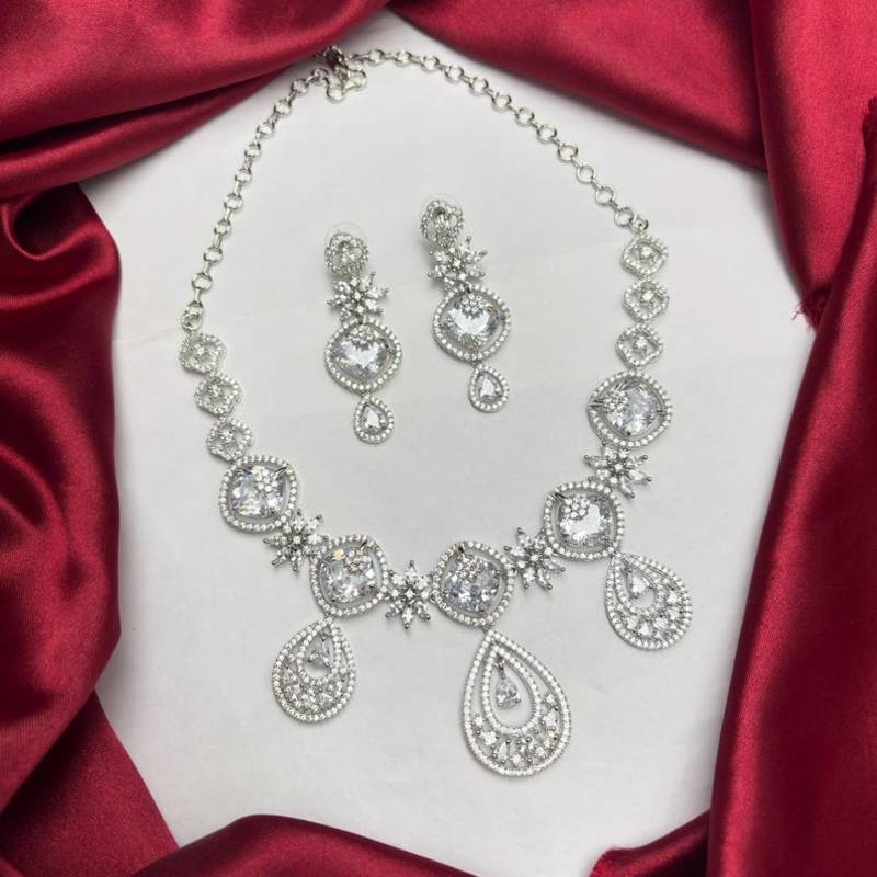 Cubic Zirconia Bridal Necklace Earrings Set, Silver Tone Wedding Jewelry