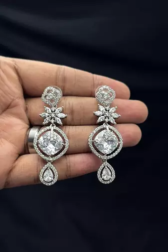Cubic Zirconia Bridal Necklace Earrings Set, Silver Tone Wedding Jewelry
