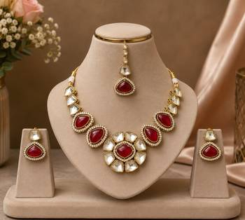 kundan ruby mehendi polish necklace set with earrings and maang tikka for bridal wedding jewelry 1