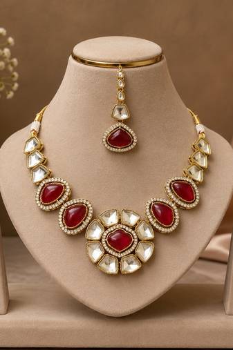 kundan ruby mehendi polish necklace set with earrings and maang tikka for bridal wedding jewelry