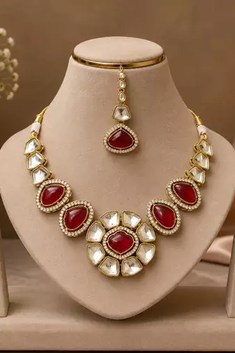 kundan ruby mehendi polish necklace set with earrings and maang tikka for bridal wedding jewelry