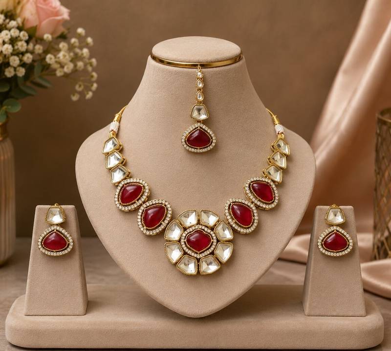 kundan ruby mehendi polish necklace set with earrings and maang tikka for bridal wedding jewelry