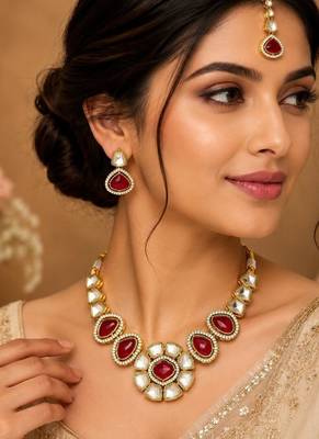 kundan ruby mehendi polish necklace set with earrings and maang tikka for bridal wedding jewelry 2