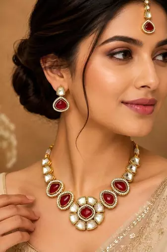 kundan ruby mehendi polish necklace set with earrings and maang tikka for bridal wedding jewelry