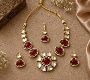 kundan ruby mehendi polish necklace set with earrings and maang tikka for bridal wedding jewelry 3