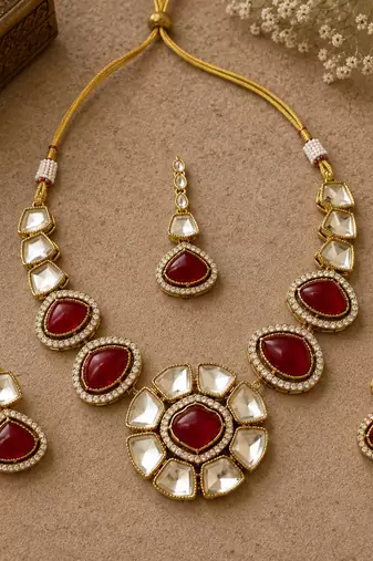 kundan ruby mehendi polish necklace set with earrings and maang tikka for bridal wedding jewelry