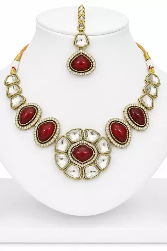 kundan ruby mehendi polish necklace set with earrings and maang tikka for bridal wedding jewelry
