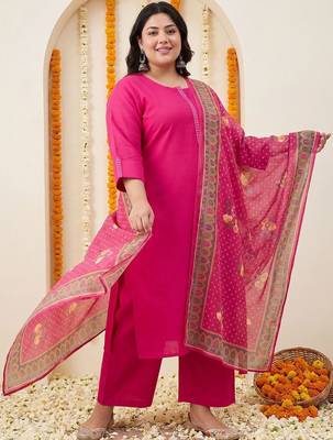 Plus Size Pink Embroidered Straight Kurta Trousers With Dupatta Set 1