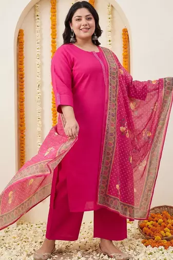 Plus Size Pink Embroidered Straight Kurta Trousers With Dupatta Set