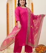 Plus Size Pink Embroidered Straight Kurta Trousers With Dupatta Set