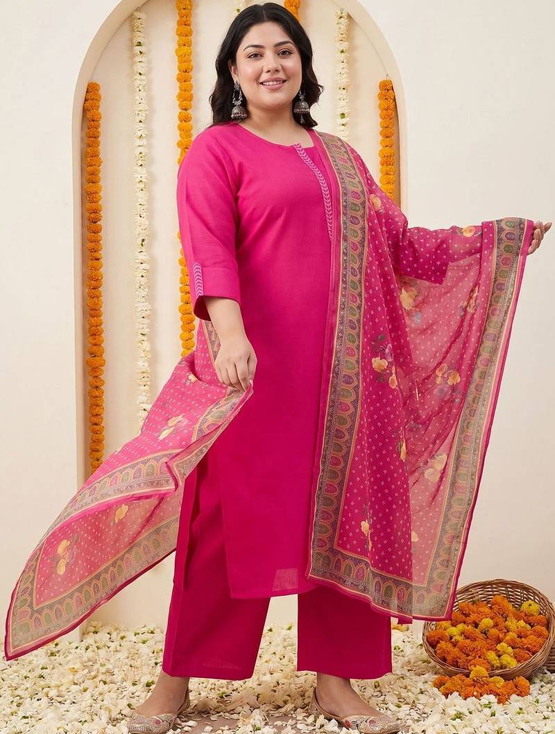 Plus Size Pink Embroidered Straight Kurta Trousers With Dupatta Set