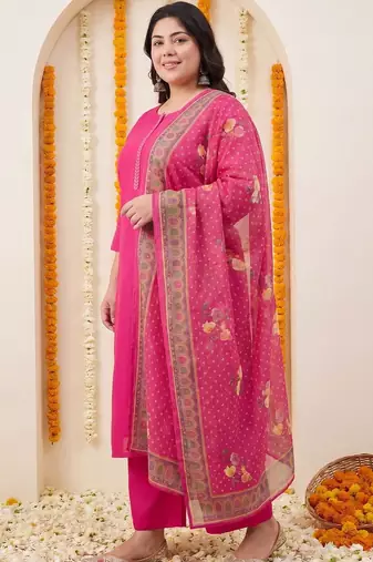 Plus Size Pink Embroidered Straight Kurta Trousers With Dupatta Set