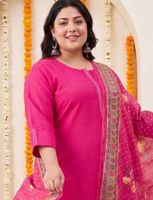 Plus Size Pink Embroidered Straight Kurta Trousers With Dupatta Set 4