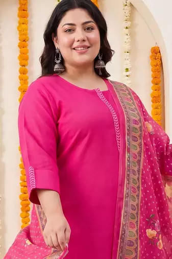 Plus Size Pink Embroidered Straight Kurta Trousers With Dupatta Set
