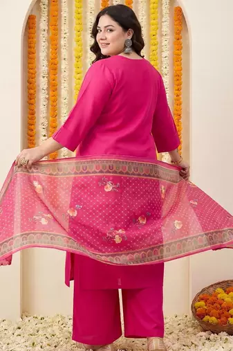 Plus Size Pink Embroidered Straight Kurta Trousers With Dupatta Set