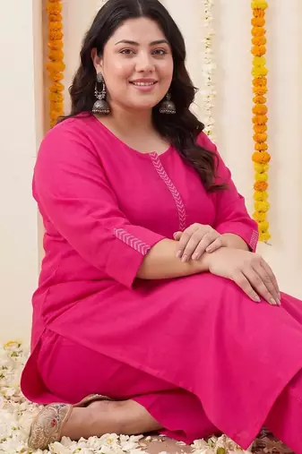 Plus Size Pink Embroidered Straight Kurta Trousers With Dupatta Set