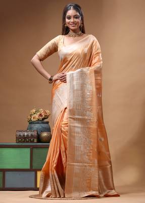 coral crepe saree with desighner varanasi ghat theme zari border 1