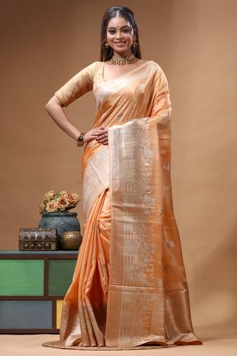 coral crepe saree with desighner varanasi ghat theme zari border