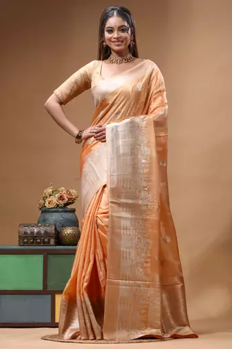 coral crepe saree with desighner varanasi ghat theme zari border