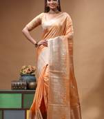 coral crepe saree with desighner varanasi ghat theme zari border