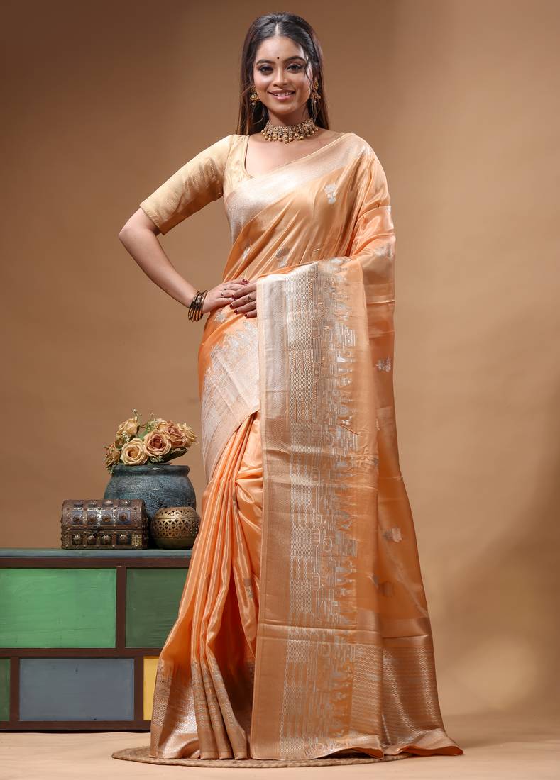coral crepe saree with desighner varanasi ghat theme zari border