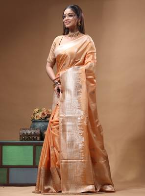 coral crepe saree with desighner varanasi ghat theme zari border 2