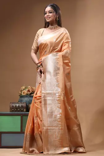 coral crepe saree with desighner varanasi ghat theme zari border