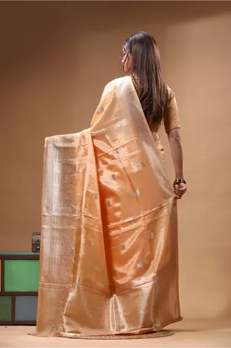 coral crepe saree with desighner varanasi ghat theme zari border