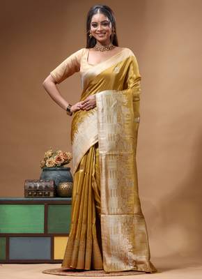 gold crepe saree with desighner varanasi ghat theme zari border 1