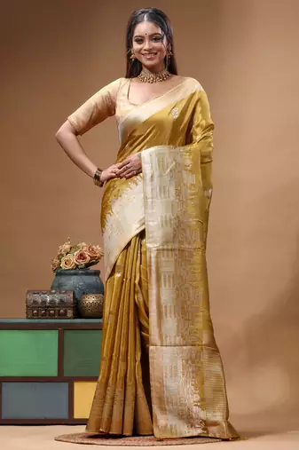 gold crepe saree with desighner varanasi ghat theme zari border
