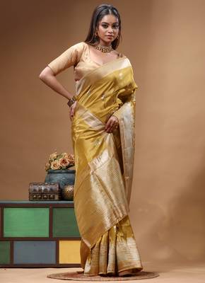 gold crepe saree with desighner varanasi ghat theme zari border 2