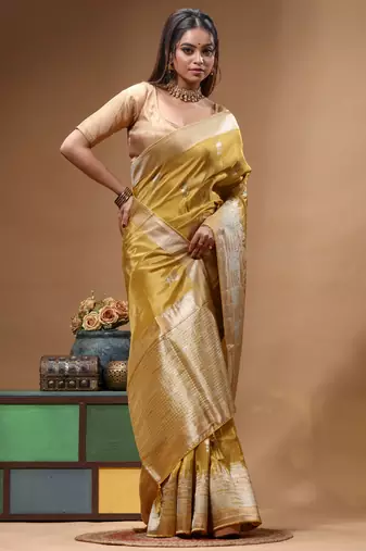 gold crepe saree with desighner varanasi ghat theme zari border