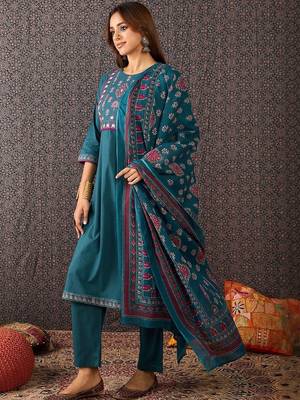 Women Embroidered Regular Thread Work Pure Cotton Kurta with Trousers & Dupatta 3